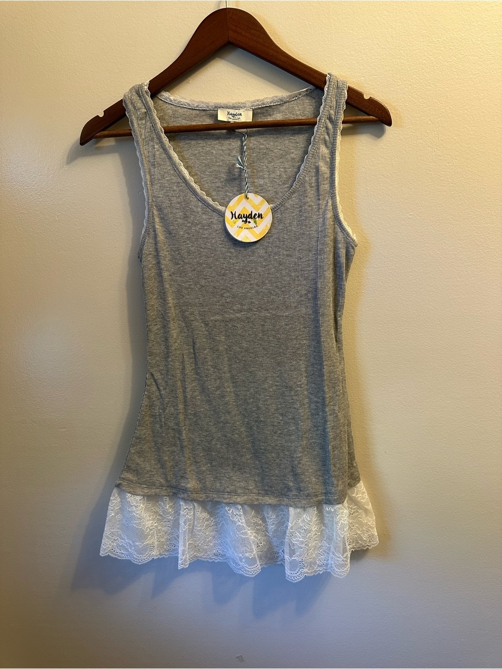 #393 Hayden Gray Tank with White Lace Trim